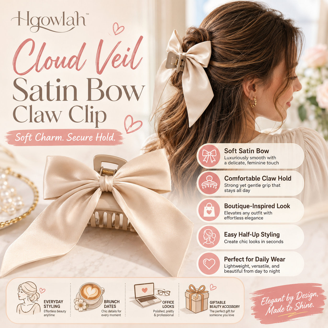 Hqowlah™ Cloud Veil Satin Bow Claw Clip for Women, Elegant Hair Claw Clip, Satin Bow Hair Accessory, Soft Hold French Hair Clip