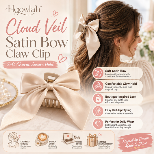 Hqowlah™ Cloud Veil Satin Bow Claw Clip for Women, Elegant Hair Claw Clip, Satin Bow Hair Accessory, Soft Hold French Hair Clip