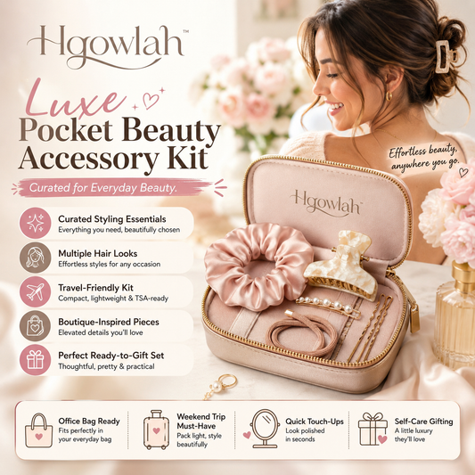 Hqowlah™ Luxe Pocket Beauty Accessory Kit, Hair Accessories Set for Women, Mini Claw Clip, Satin Scrunchie, Travel Gift Kit