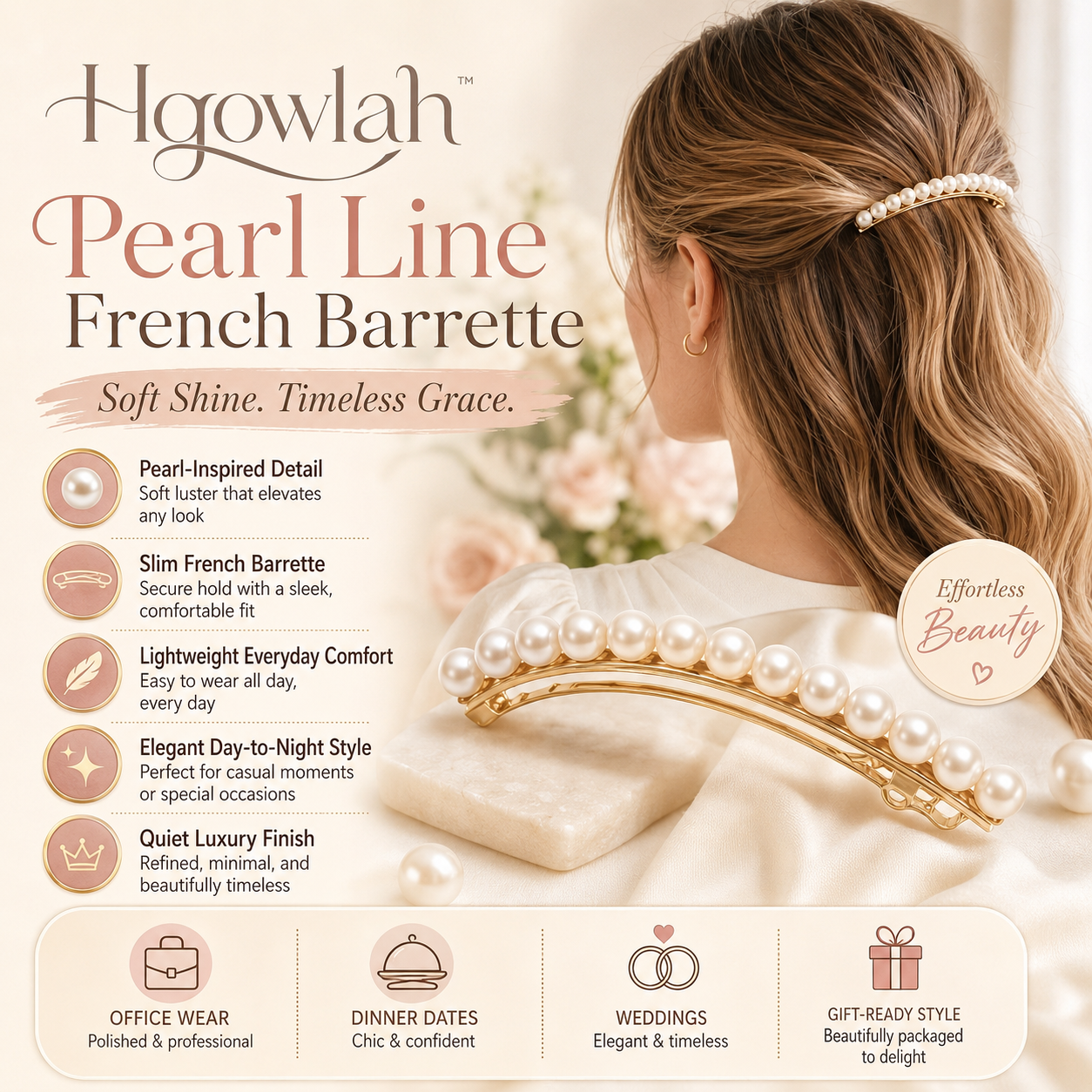 Hqowlah™ Pearl Line French Barrette, Elegant Pearl Hair Clip for Women, Minimalist Side Hair Clip, Chic French Hair Accessory