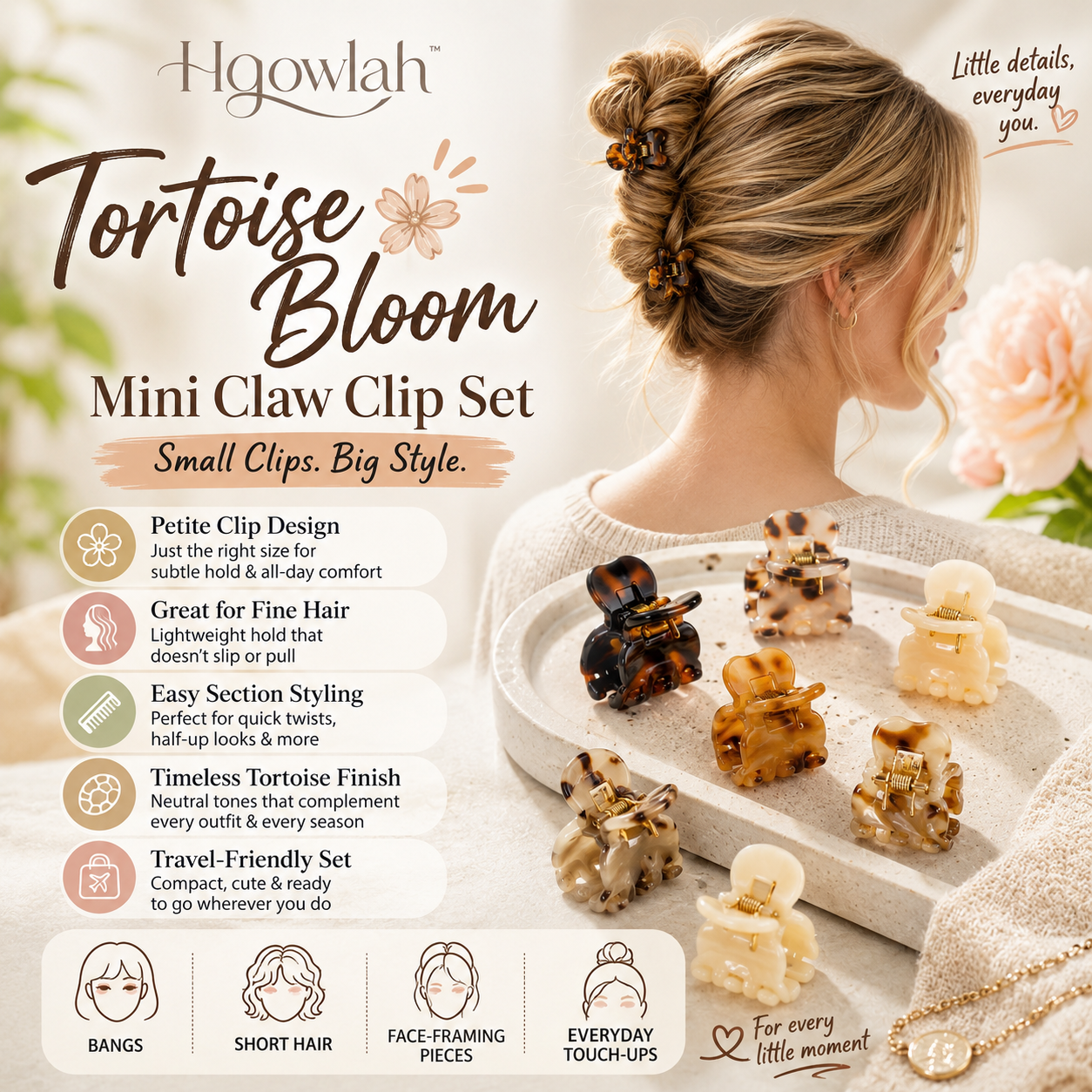 Hqowlah™ Tortoise Bloom Mini Claw Clip Set, Small Hair Claw Clips for Women, Tortoise Hair Clips for Fine Hair