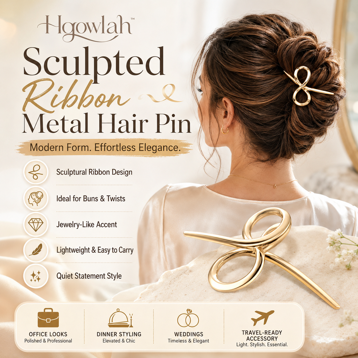 Hqowlah™ Sculpted Ribbon Metal Hair Pin, Elegant Hair Stick for Bun, Minimalist Gold Hair Accessory, French Twist Pin