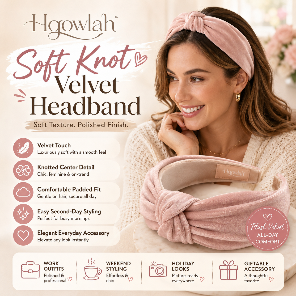 Hqowlah™ Soft Knot Velvet Headband for Women, Padded Wide Hair Band, Elegant Velvet Hair Accessory, Comfortable Headband