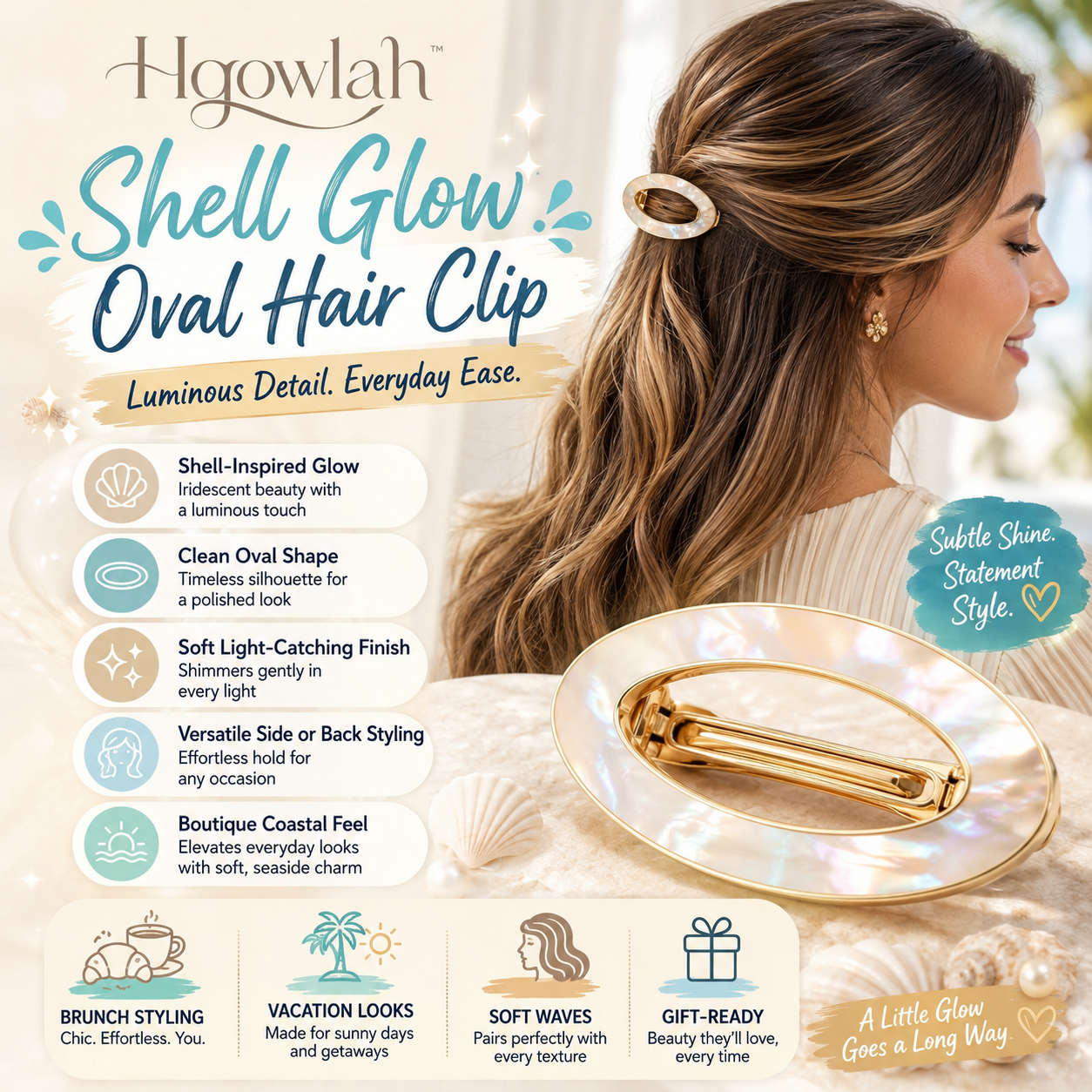 Hqowlah™ Shell Glow Oval Hair Clip, Iridescent Hair Barrette for Women, Elegant Side Clip, Boutique Beauty Accessory