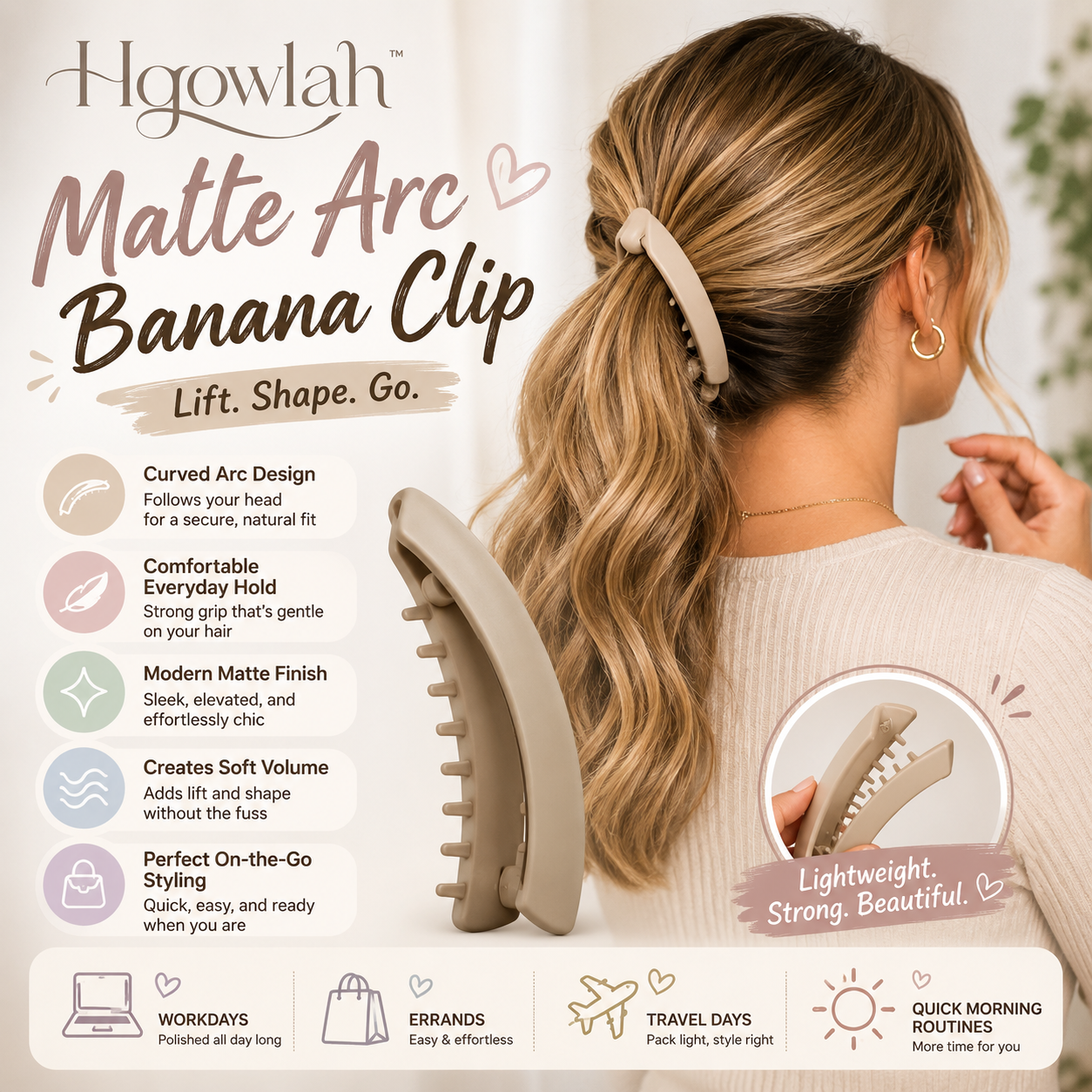 Hqowlah™ Matte Arc Banana Clip for Women, Curved Ponytail Hair Clip, Volume Hair Accessory, Modern Everyday Hair Clip
