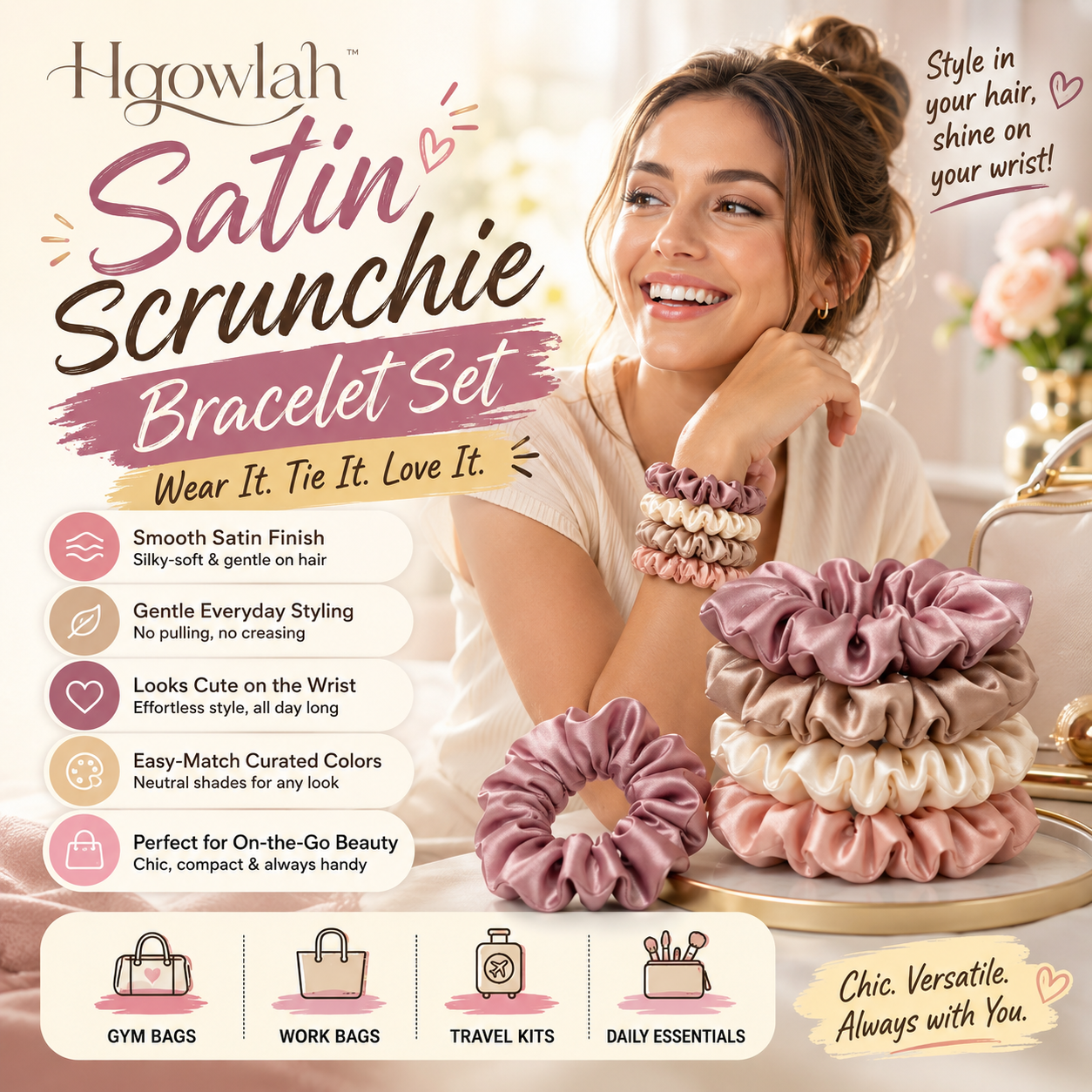 Hqowlah™ Satin Scrunchie Bracelet Set, Soft Hair Ties for Women, No-Crease Satin Scrunchies, Wrist Hair Accessories